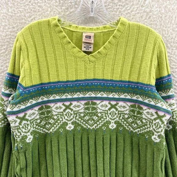 Y2K 2000s Faded Glory Green Fair Isle Icelandic Chenille Knit Sweater M Medium - Picture 3 of 7